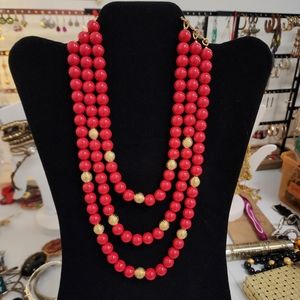 Vintage Talbots Red & Goldtone Bead Multi Strand Necklace w/tag